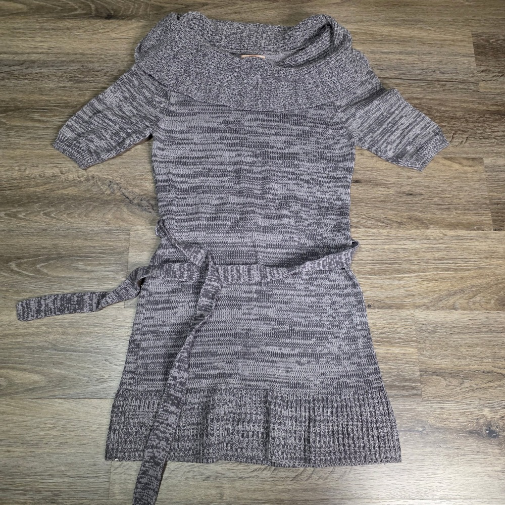 Mudd‎ Womens Large Sweater Dress Grey Marled Cowl Neck Short Sleeve Tie Belt